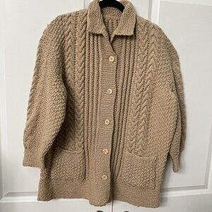 Vintage Handmade Sweater Heavy Wool Tan Chunky‎ Cardigan Collared Grandpa Granny